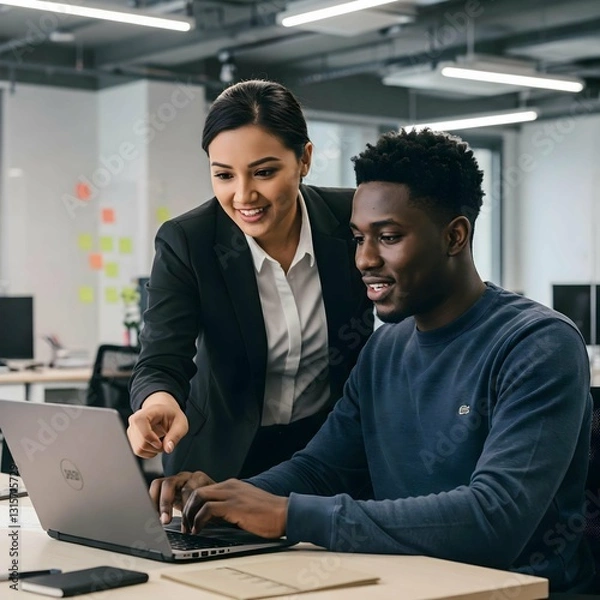 Obraz Young Diverse Professionals Collaborating on Laptop with Manager Assistance in Office
