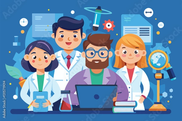 Fototapeta Four researchers work together at a desk, using a laptop surrounded by scientific tools and documents, Researchers Customizable Cartoon Illustration