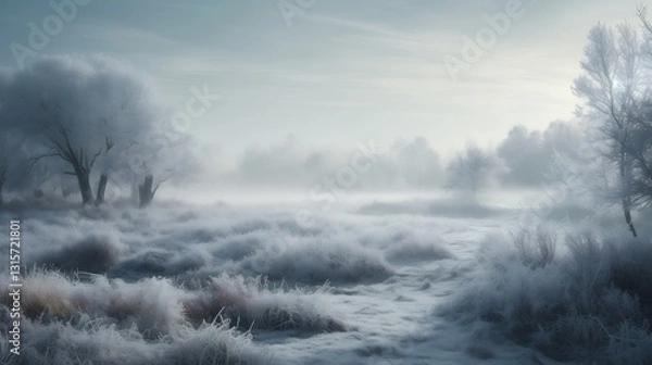 Fototapeta Frosty Dawn for Winter Landscape, Misty Field.