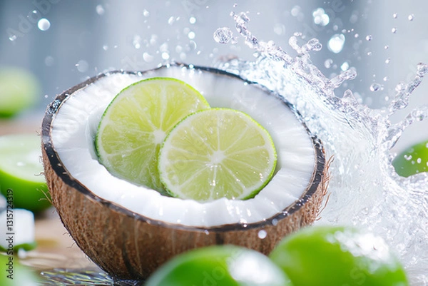 Fototapeta A coconut with water splashing on it and some limes floating around, tropical background