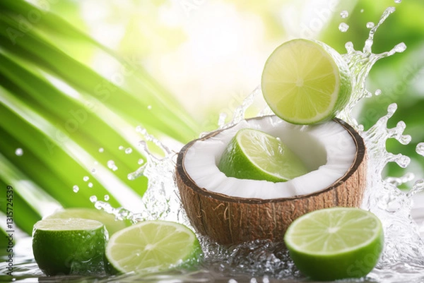 Obraz A coconut with water splashing on it and some limes floating around, tropical background