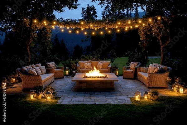 Fototapeta Evening gathering in a backyard illuminated with string lights and fire