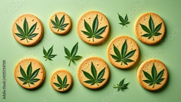 Fototapeta Round Cannabis Cookies with Hemp Leaf Patterns, Unique Edible Creations