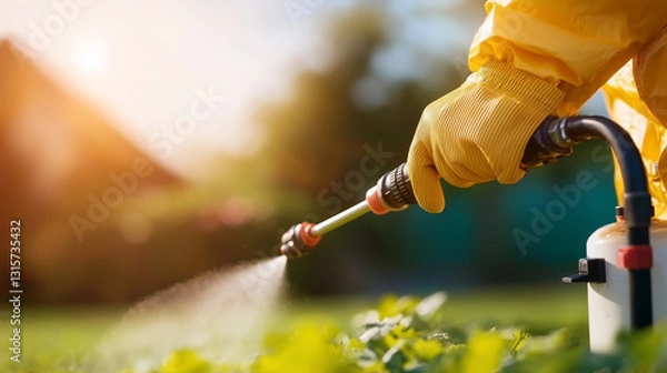 Fototapeta farmer wearing protective gear sprays pesticide on crops, ensuring safety and health