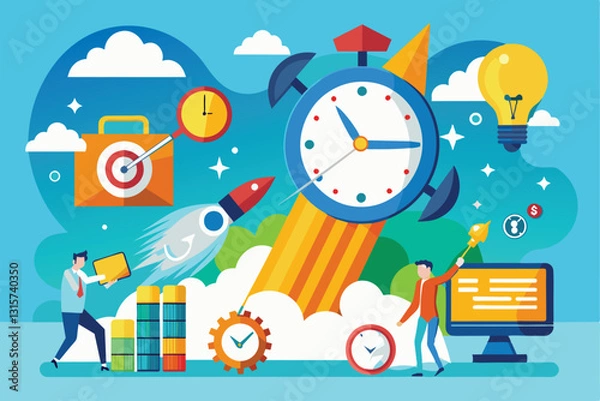 Fototapeta A vibrant illustration showcasing the perfect timing for starting a business with clocks and rockets, Right time to launch a business concept