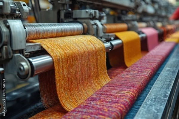Fototapeta High-tech textile factory with weaving machines. Industrial setting with machinery, textile materials, and workers operating equipment.