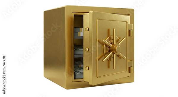 Fototapeta Open golden bank vault with stacks of cash inside on white background
