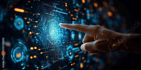 Fototapeta A hand points at a glowing stock market screen filled with dynamic charts and graphs, symbolizing financial trading, business analysis, and real-time investment decisions.