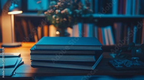 Fototapeta A glowing stack of notary folders styled on a desk with elegant branding. pic