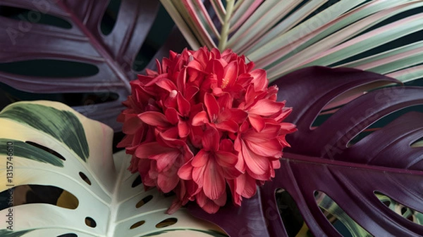 Fototapeta "Vibrant Tropical Foliage with Red Flower and Colorful Leaves"
