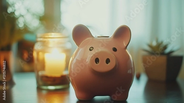 Obraz close up of a piggy bank on a table