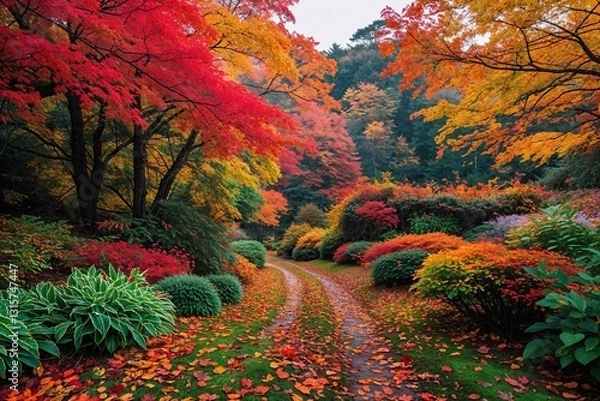 Fototapeta Stunning Autumn Landscape with Lush Foliage and Colorful Leaves in a Vibrant Natural Environment