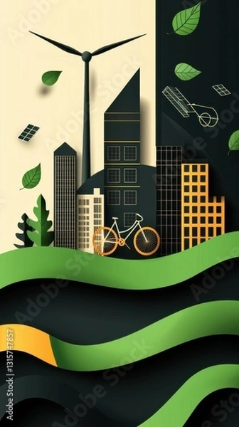 Obraz Modern cityscape with wind turbines, solar panels, and eco-friendly transportation, divided into two halves