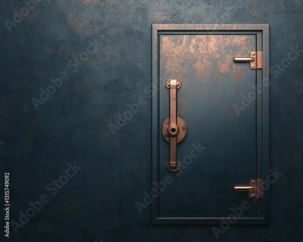 Fototapeta Bank vault door slightly open, revealing hidden debt stacks inside, moody lighting