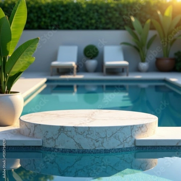 Fototapeta Close-up of marble top view on swimming pool podium stand, sophisticated, luxurious