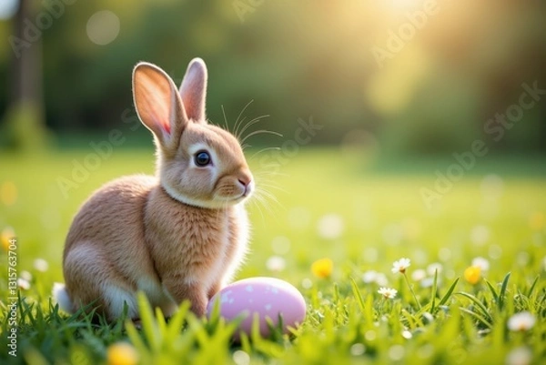 Fototapeta A Cute Brown Bunny Sitting Gracefully on Green Grass Next to a Pink Easter Egg in a Meadow Under a Soft Sunlight, Capturing a Serene Spring Atmosphere