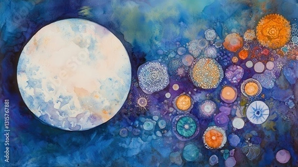 Fototapeta Surreal Moon with Whimsical Fractals in Watercolor