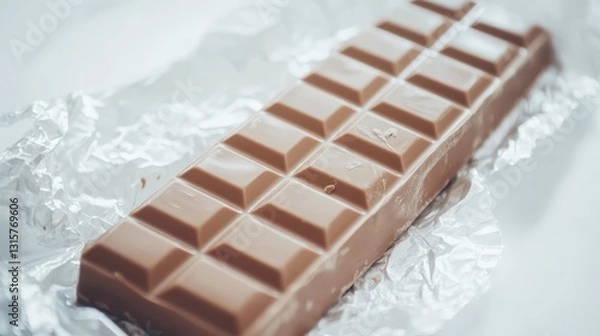 Fototapeta Unwrapped Chocolate Bar on Silver Foil Background