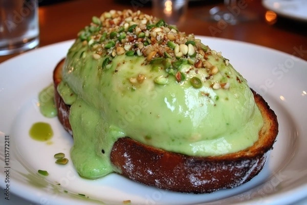 Fototapeta Warm Avocado Toast with Seeds in Cozy Café Setting