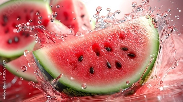 Fototapeta Juicy watermelon slices splashing in water, showcasing freshness and summer vibes.