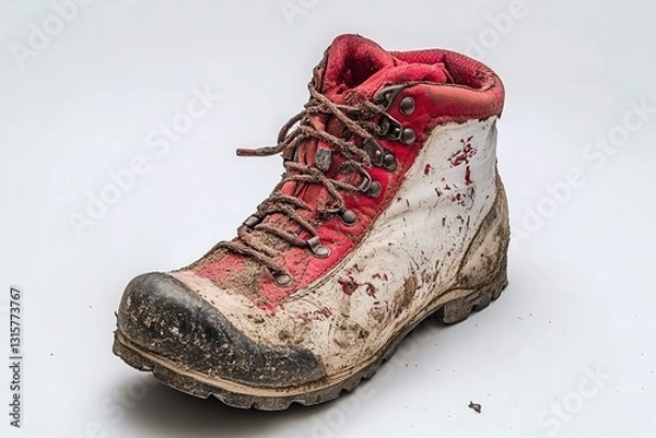 Fototapeta Worn Hiking Boot Resting on a Plain White Background