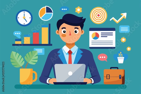 Fototapeta A cartoon character sits at a desk using a laptop, surrounded by colorful graphs and charts related to sales, Sales consulting Customizable Cartoon Illustration