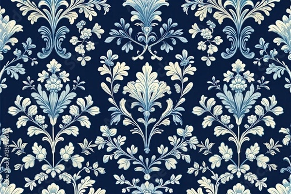 Fototapeta Vintage Blue Damask Background with Botanical Patterns in Rococo Style Vector Art