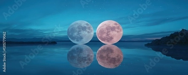 Fototapeta A crystalline lake reflecting two radiant moons, the full moon appearing as a colossal energy sphere, constellations shifting in the sky