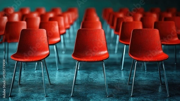 Fototapeta Rows of Red Plastic Chairs in a Modern Minimalist Setting Empty Chairs Meeting Room Conference Room