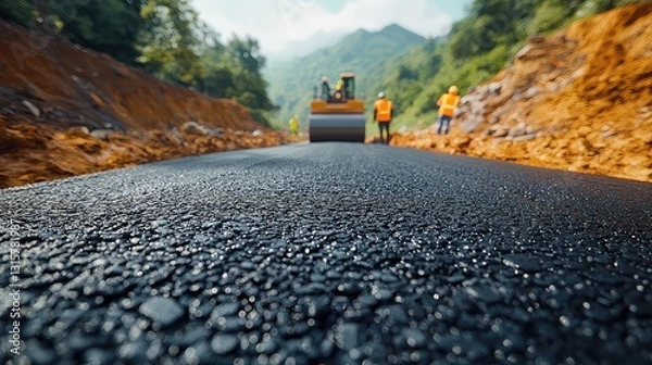 Fototapeta Road Construction Crew Asphalt Paving New Highway Mountainous Terrain Workers Operating Roller Compactor Freshly Laid Asphalt