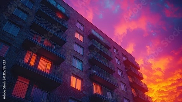 Fototapeta Modern Apartment Building at Vibrant Sunset with Warm Hues Illuminating Balconies and Windows