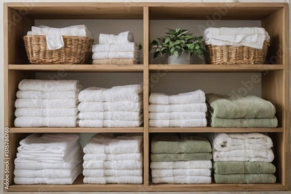 Fototapeta Wooden shelving unit with gridlike arrangement of neatly folded towels in white, beige, and green, with woven baskets and plant.