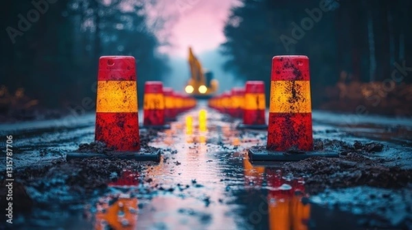 Fototapeta Muddy Road Construction Site with Reflective Safety Cones and Excavator in Background at Dusk