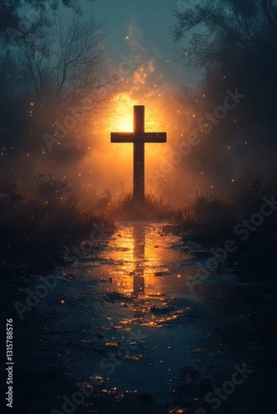 Fototapeta A wooden cross stands in a misty, golden-lit landscape. The main subject of the image is highlighted in a serene and atmospheric setting.