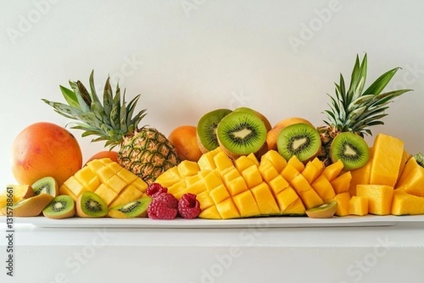 Fototapeta Tropical fruit platter with mango, kiwi, and pineapple slices on a clean white table