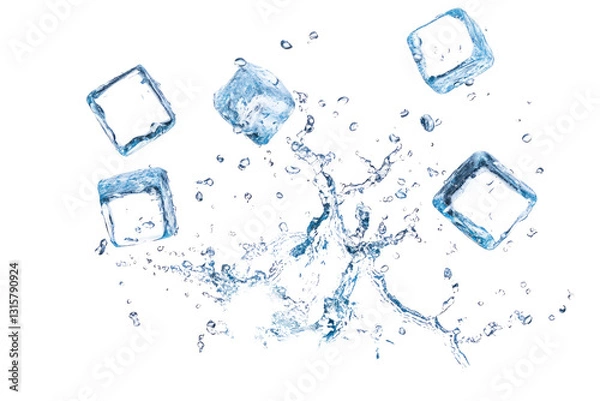 Obraz ice cubes. flying ice cubes with water splash isolated on transparent or white background