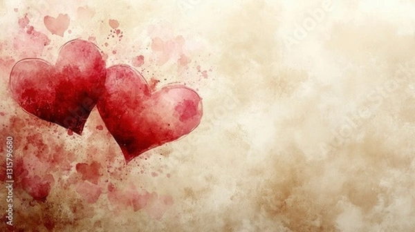Obraz Delicate Blush Affection "A romantic Valentine's Day backdrop with soft watercolor hearts in pink and red hues, set against a pale beige background with subtle textures and plenty of copy space."