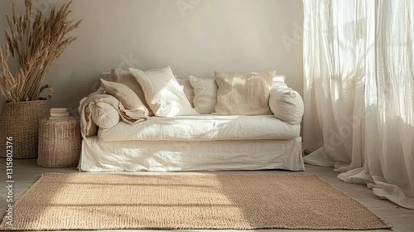Obraz Serene Living Room Interior Design: Beige and Neutral Tones, Cozy Atmosphere, Natural Textures, and Sunlight