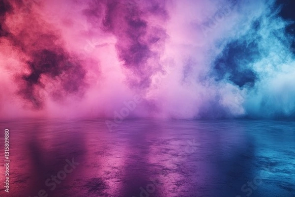 Fototapeta Pink and blue smoke fill a reflective surface. Ideal background for dreamy, abstract designs or music projects.