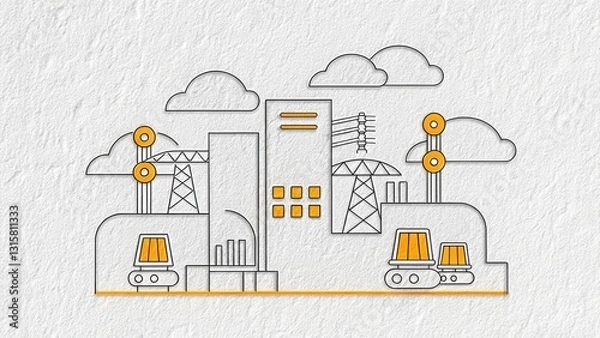 Fototapeta 5G Network technology coverage. Industrial landscape illustration featuring machinery, buildings, and energy sources in a minimalist style.