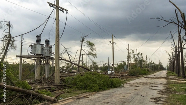 Fototapeta Destruction of power grid after disaster, fallen trees, damaged poles