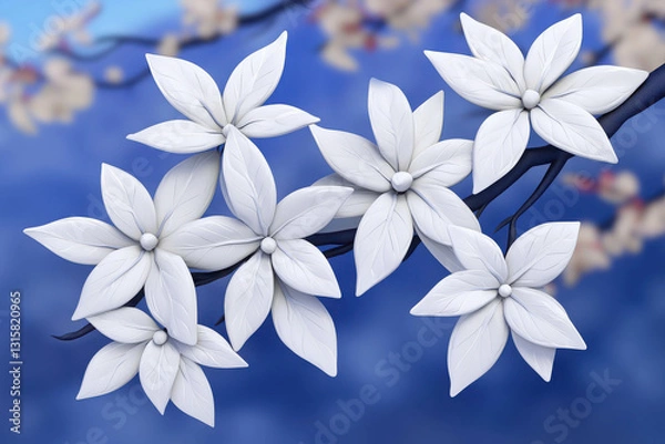 Fototapeta Elegant White Flowers on Branch Against Soft Blue Background in Blooming Spring Scene