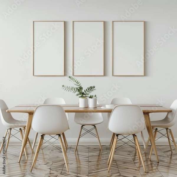 Fototapeta Minimalist dining room with wooden table and white chairs. three blank frames on the wall