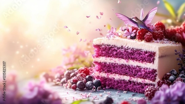 Fototapeta Hummingbird cake delight garden setting food photography bright atmosphere close-up view sweet indulgence