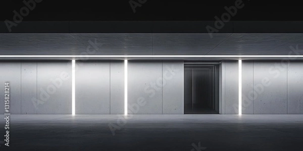 Fototapeta Minimalist interior view showcasing a dark corridor with linear lighting and concrete walls