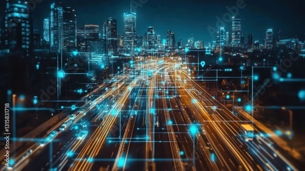 Fototapeta Advanced city network featuring intelligent infrastructure and high speed data streams