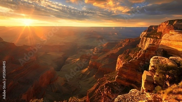 Obraz A breathtaking sunrise over a vast canyon, illuminating the rock formations in golden hues