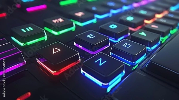 Fototapeta Close-Up View of Colorful LED Backlit Gaming Keyboard Keys Illuminated in a Dark Environment with a Futuristic Design and Modern Aesthetics