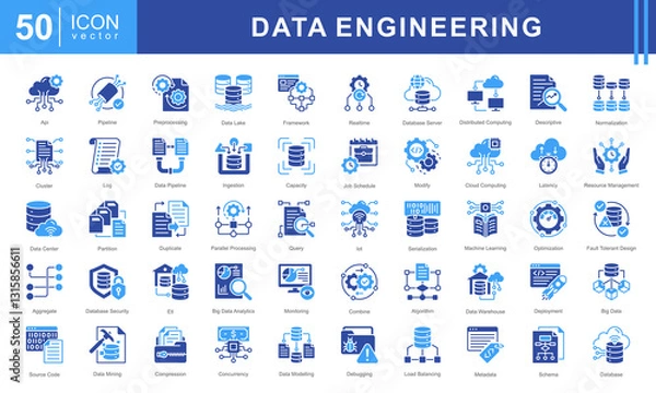 Fototapeta Data Engineering icon set featuring icons for data processing, pipelines, cloud computing, machine learning, and big data management. Ideal for IT, analytics, and database infrastructure projects.