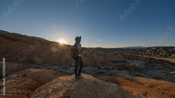Fototapeta A female tourist in a hat and with a backpack on her back stands on the Martian soil during the golden hour in Mongolia.